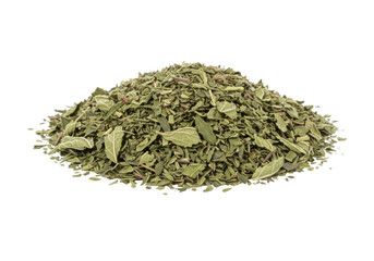 Isolated pile of dried tarragon leaves, herb, culinary use in cooking, no background