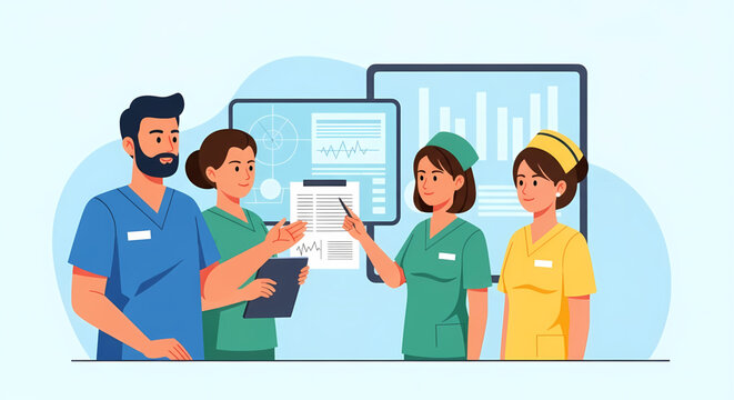 Dedicated medical team collaborating on patient care, analyzing data for improved outcomes, showcasing modern healthcare in a supportive work environment