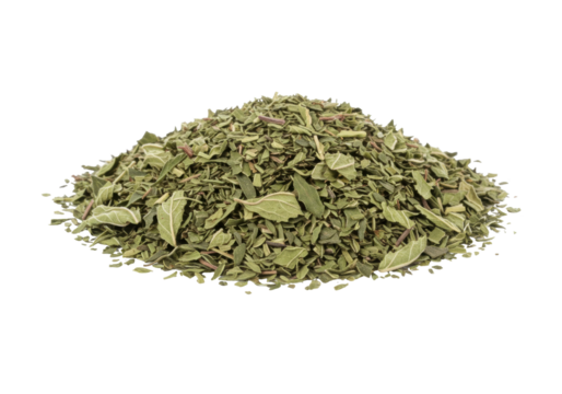 Isolated pile of dried tarragon leaves, herb, culinary use in cooking, no background