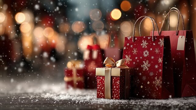 Elegant Red and Gold Christmas Gift Boxes and Shopping Bag in Snowfall