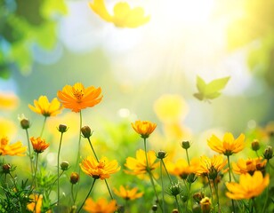 Bright sunny meadow, vibrant yellow flowers