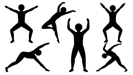 Dynamic yoga poses collection for fitness, wellness, and active lifestyle projects, silhouette figures expressing energy and movement, originally a vector graphic