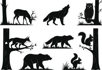orest wildlife silhouette vector, deer, bear, fox, wolf, owl, squirrel, tree branch, nature animals, woodland scene, black graphic illustration
