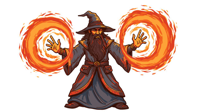 Illustration of a wizard conjuring fiery orbs against a white background