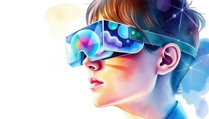 Vibrant young person immersed in futuristic virtual reality headset experiencing digital worlds with glowing effects