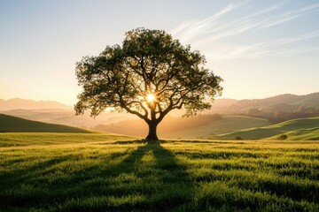 Fototapeta premium Majestic lone oak tree stands in middle of green field with sunlight shining through its branches during peaceful sunset over rolling hills