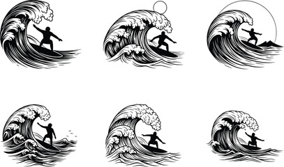Surfer silhouette riding wave, dynamic ocean sport illustration, black and white vector set, scenic background elements, birds, sun, mountain, water motion