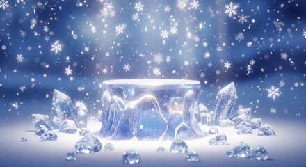 Crystal Display Platform with Falling Snowflakes on Blue Background Scene Decoration