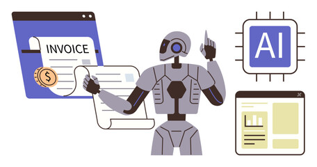 Robot processing digital invoices, chip with AI concept, and interface windows. Ideal for automation, AI, finance, technology, innovation streamlining tasks future workflow. Simple flat metaphor