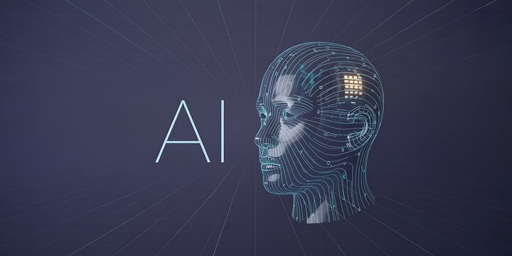 AI Head with Circuitry and Grid Background - Powered by Adobe