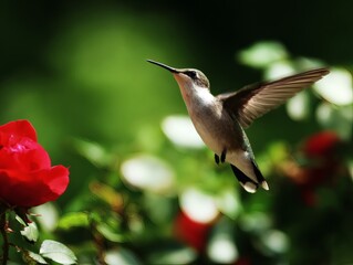 Fototapeta premium hummingbird. A hummingbird hovers near a red flower, its wings moving fast against a green background. wildlife magazines, conservation campaigns, designed for nature documentaries and education.