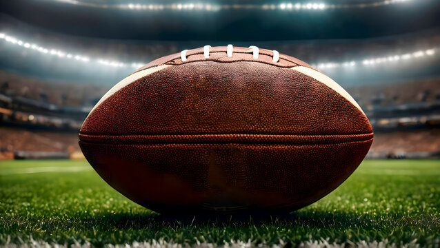 Close-up of a rugby ball on green field under daylight, emphasizing texture, grass detail, and sense of energy, teamwork, and focus in outdoor sports
