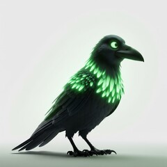 Fototapeta premium Black Bird Glowing Green Accent Feathers Standing on White Background