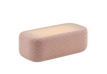 Isolated rectangular speaker featuring fabric texture, illuminated interface for technology