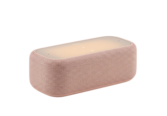 Isolated rectangular speaker featuring fabric texture, illuminated interface for technology