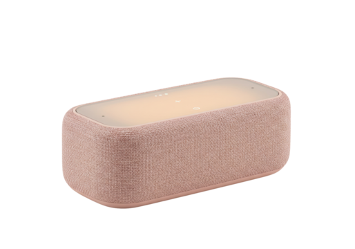 Isolated rectangular speaker featuring fabric texture, illuminated interface for technology