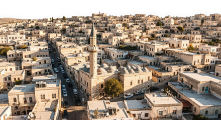 Aerial view of a historic city with a mosque and traditional stone buildings, showcasing urban architecture and middle eastern heritage isolated on transparent background