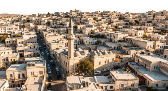 Aerial view of a historic city with a mosque and traditional stone buildings, showcasing urban architecture and middle eastern heritage isolated on transparent background