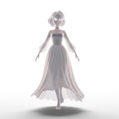 Fototapeta premium Ethereal Woman in Flowing White Gown Lit by Soft Glow Isolated on White