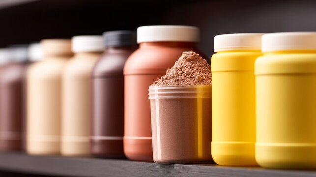 Closeup examination of various sports nutrition supplements on a shelf highlighting diverse packaging and colors