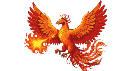 Majestic mythical phoenix rising with fiery wings on isolated white background