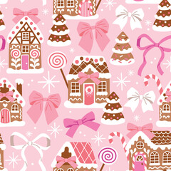Seamless vector pattern with cute Christmas gingerbread houses, candy cane and bows. Hand drawn ribbon design for baby girls. Perfect for textile, wallpaper or nursery print design. EPS 10 vector file