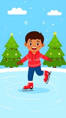 Cute child ice skating on Christmas day.  Smiling boy in red hoodie and blue pants skates outdoors.  Winter scene with decorated trees