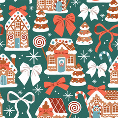 Seamless vector pattern with cute Christmas gingerbread houses, candy cane and bows. Hand drawn ribbon design for baby girls. Perfect for textile, wallpaper or nursery print design. EPS 10 vector file