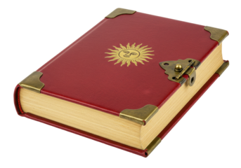 Isolated book of secrets with lock, red leather cover and golden sun design, mystic journal