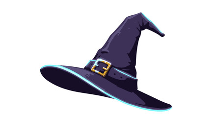 Mysterious dark witch hat with gold buckle isolated on white background