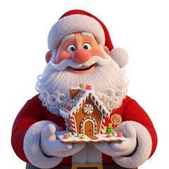 Santa Claus Holding Decorated Gingerbread House in Studio Lighting