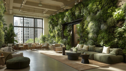 Serene indoor oasis featuring lush green wall natural light and seating for relaxation comfort