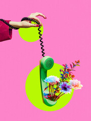 Conceptual collage of hand holding green phone with blooming flowers on pink background. Concept of...