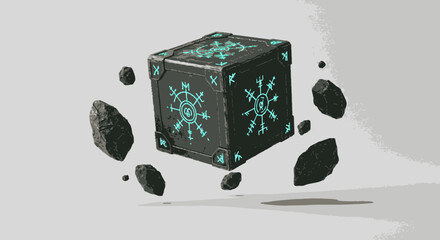 Mysterious floating black cube with glowing symbols and surrounding dark rocks