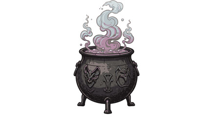 Mystical cauldron with boiling potion and rising steam illustration
