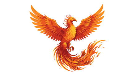 Mythical phoenix bird with fiery wings and tail isolated on white background