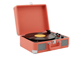 Isolated Portable turntable with vinyl record, vintage music player on a light surface