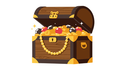 Open treasure chest filled with gold coins gems and jewels isolated
