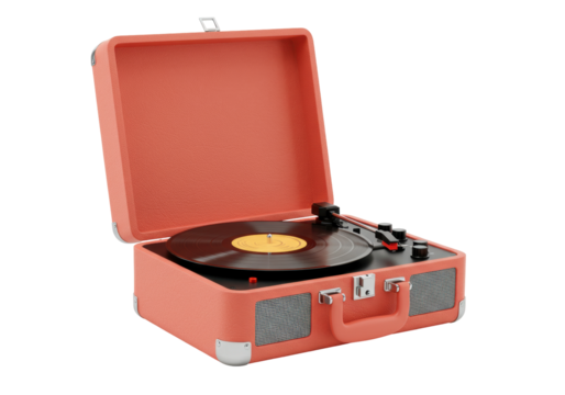 Isolated Portable turntable with vinyl record, vintage music player on a light surface
