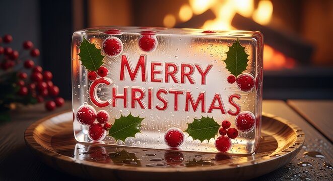 Merry Christmas sign with holly and berries in cube shape on wood plate indoors
