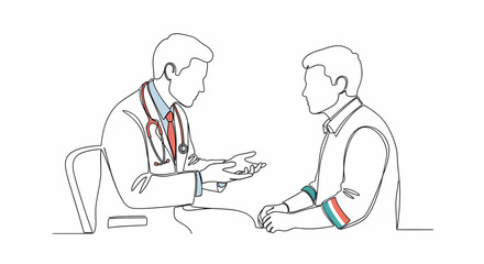 Doctor offering consultation to patient in modern medical clinic, continuous line art conveys professional health care, diagnosis and treatment, vector illustration