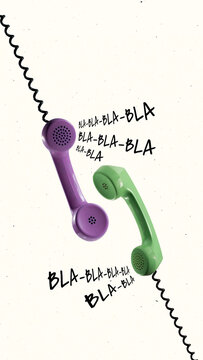 Collage of purple and green phones with hand drawn bla bla text on white minimal background. Concept of endless talk, humor, and communication overload for media, lifestyle, and education visuals.