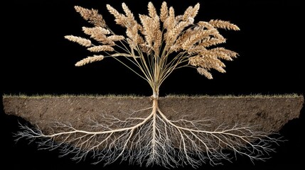 Detailed illustration of plant roots and a wheat stalk.