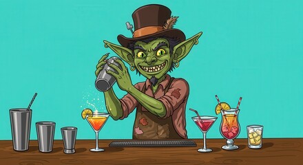 Green goblin bartender shakes cocktail with stylish hat.