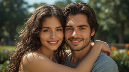 Naklejka premium Young Couple Embraces Outdoors in Sunlight