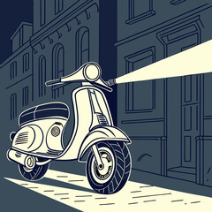 Vintage Scooter at Night in City Street