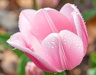 Close-up of a light pink tulip with dew drops