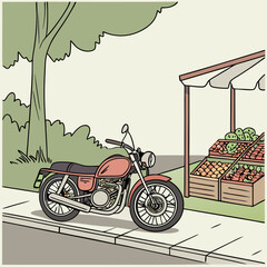 Vintage Red Motorcycle Parked Near a Fruit Stand