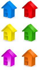 Six colorful 3D house icons arranged in a grid.  Each house is a different color,  with a simple,  stylized design
