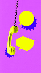 Bright collage of yellow phone with speech bubbles on purple background. Concept of chat, conversation, modern communication for digital marketing, lifestyle, and media content.